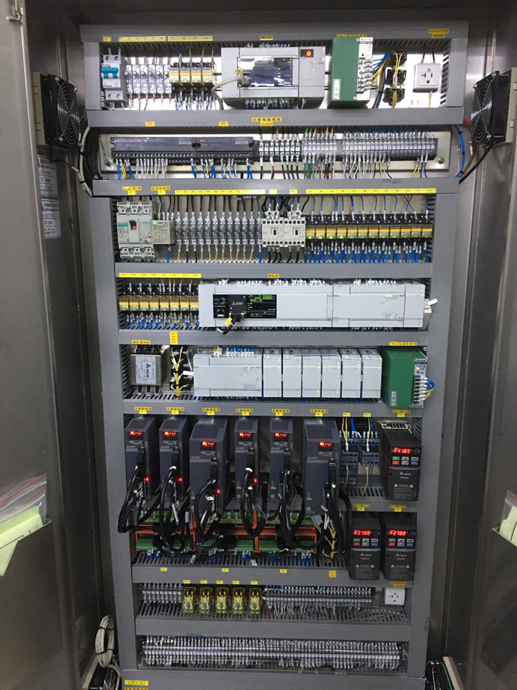 Industrial electrical automation control cabinet with PLC components and control wiring
